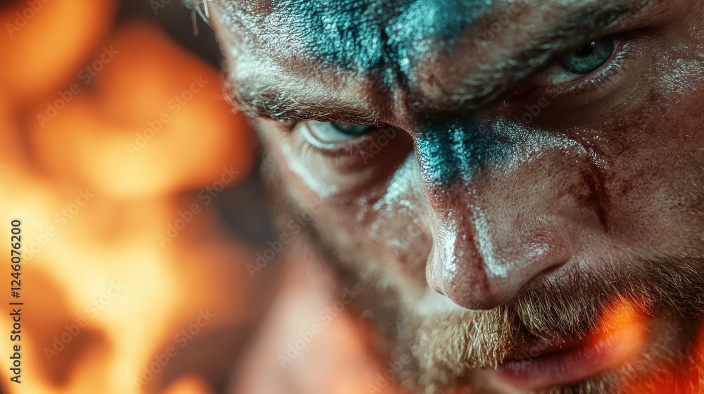 A close-up of a brave fighter, with expressive eyes and face covered in war paint, embodies confidence and readiness for the upcoming confrontation. A close-up of a brave fighter, with expressive eyes and face covered in war paint, embodies confidence and readiness for the upcoming confrontation.