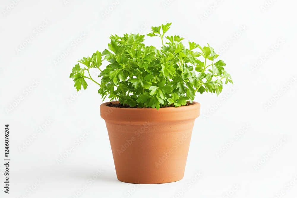 Fresh Flat Leaf Parsley Herb Growing in a Terracotta Pot Against a Clean White Background Fresh Flat Leaf Parsley Herb Growing in a Terracotta Pot Against a Clean White Background