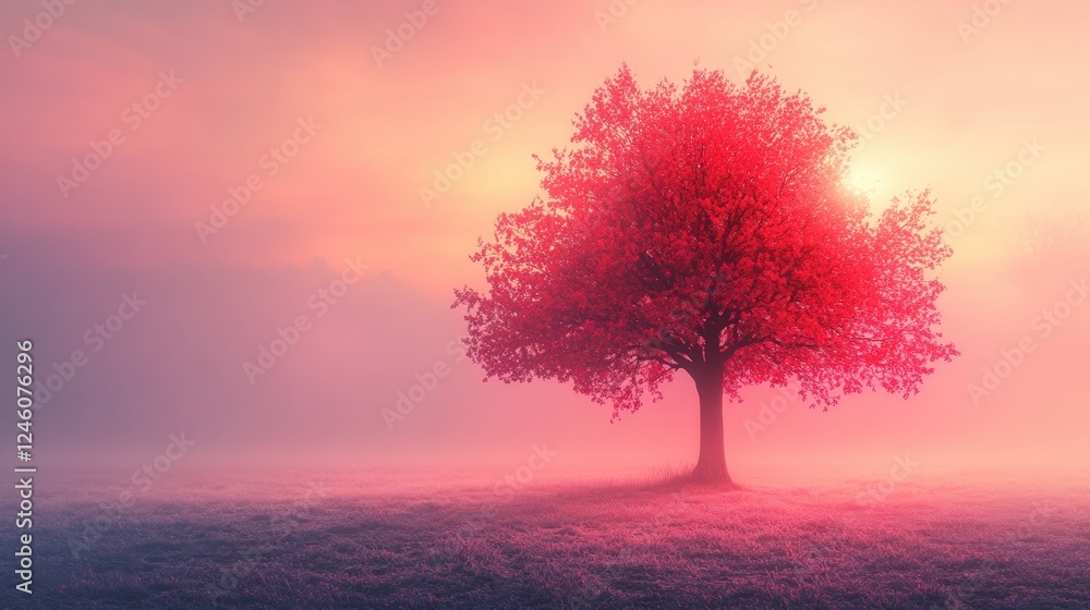 Majestic Pink Tree Under Soft Fog at Sunrise in Serene Landscape Majestic Pink Tree Under Soft Fog at Sunrise in Serene Landscape