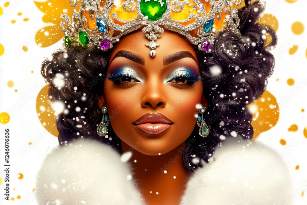 A snow queen stands gracefully in a snow-covered forest adorned in a silver and white gown, her icy crown sparkling amidst softly falling snowflakes A snow queen stands gracefully in a snow-covered forest adorned in a silver and white gown, her icy crown sparkling amidst softly falling snowflakes