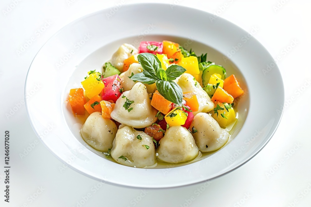 Delicious plate of pierogi with colorful vegetables and fresh basil on a white background Delicious plate of pierogi with colorful vegetables and fresh basil on a white background
