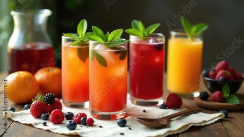 Wallpaper Mural Refreshing summer fruit-infused iced beverages in glasses garnished with fresh mint Torontodigital.ca