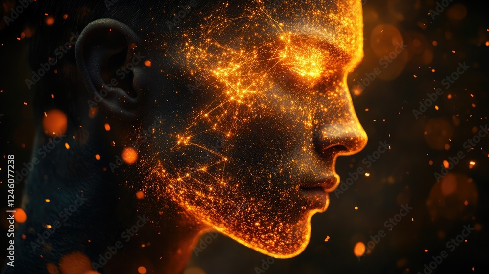 Human face illuminated by glowing particles, showcasing a blend of technology and artistry in a dark setting Human face illuminated by glowing particles, showcasing a blend of technology and artistry in a dark setting