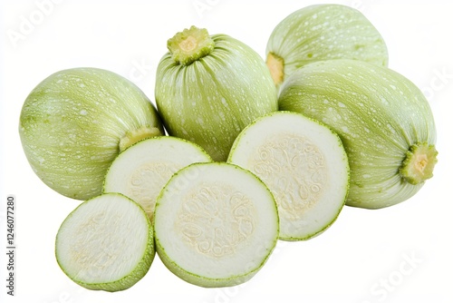 Fresh Light Green Zucchini Vegetable Arrangement on White Background for Healthy Eating