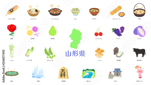山形県の名物や特産品のイラスト。フラットなベクターイラストセット。 Illustrations of Yamagata's specialties and local products. Flat vector illustration set.