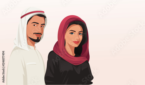 Illustration of an Arab man and woman wearing traditional clothing, on a light background. Concept of culture and tradition. Vector illustration.