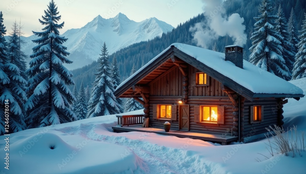 Fototapeta premium Smoke billows from a wooden chalet chimney in the snow, heating, cozy, smoke