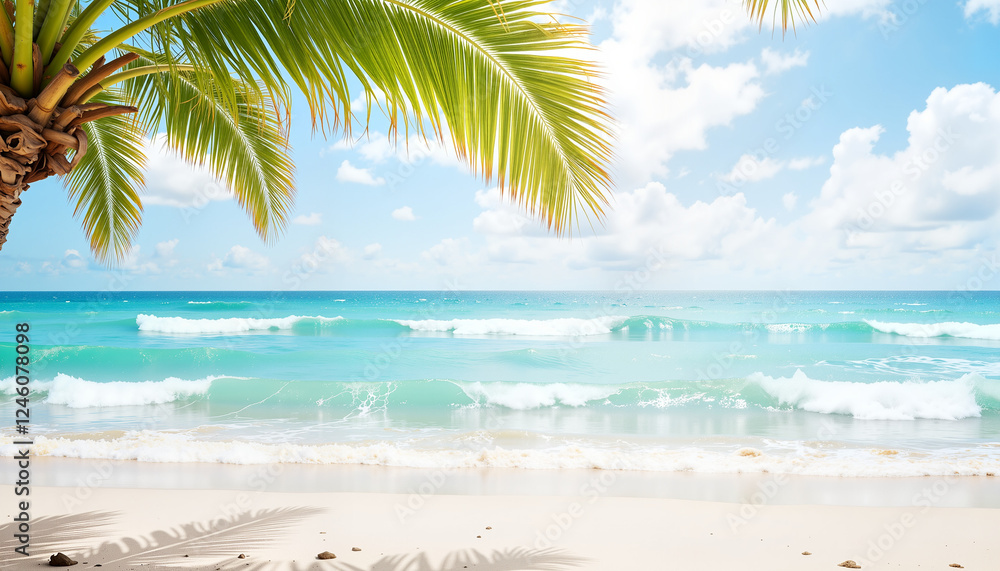 Fototapeta premium Palm branch swaying in sea breeze on sandy beach, coastal serenity