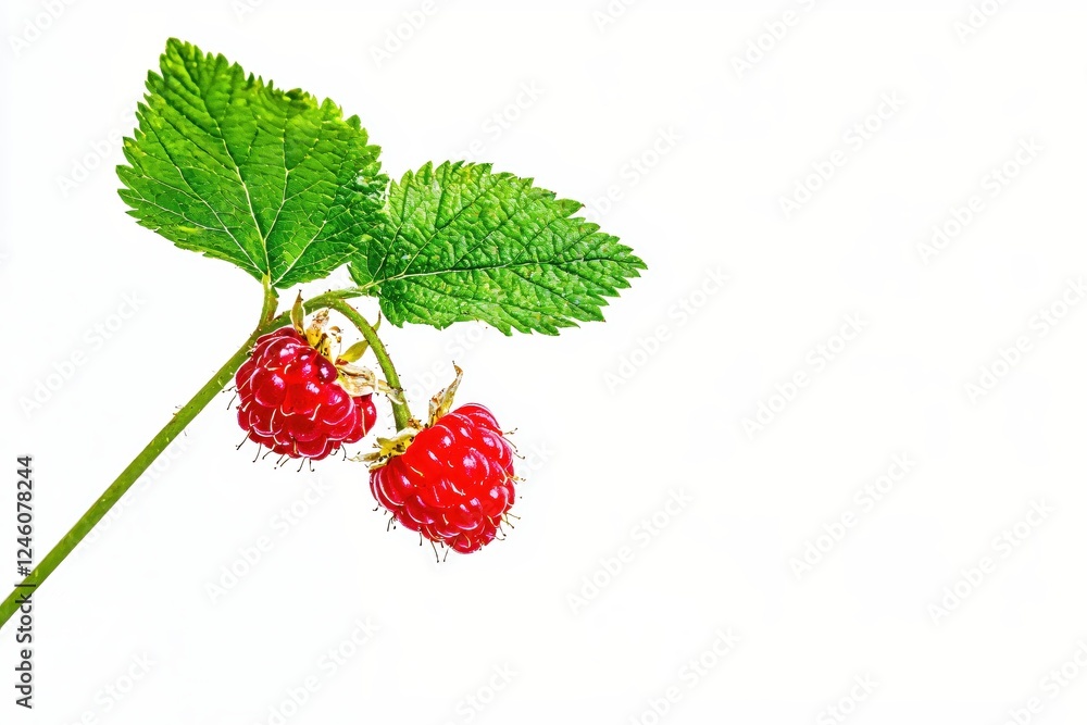 Two Ripe Raspberries Hanging from a Branch with Green Leaves on a Clean White Background Two Ripe Raspberries Hanging from a Branch with Green Leaves on a Clean White Background