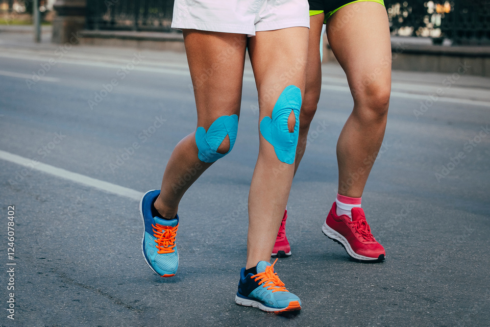 two woman runners running city street, showcasing kinesiology tape on their knees for support two woman runners running city street, showcasing kinesiology tape on their knees for support