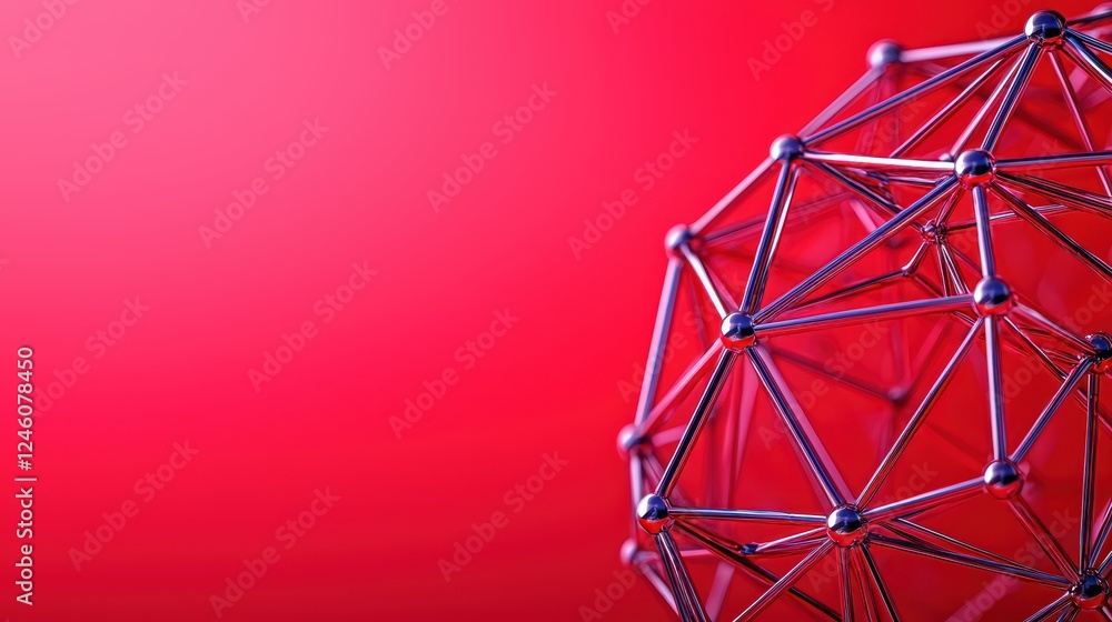 Abstract 3D Geometric Structure with Metallic Elements on Red Background Abstract 3D Geometric Structure with Metallic Elements on Red Background