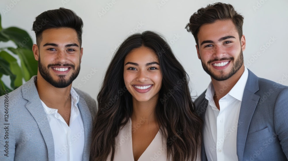 A group of three young professionals casually smiling, standing together on a bright white background with balanced copy space A group of three young professionals casually smiling, standing together on a bright white background with balanced copy space