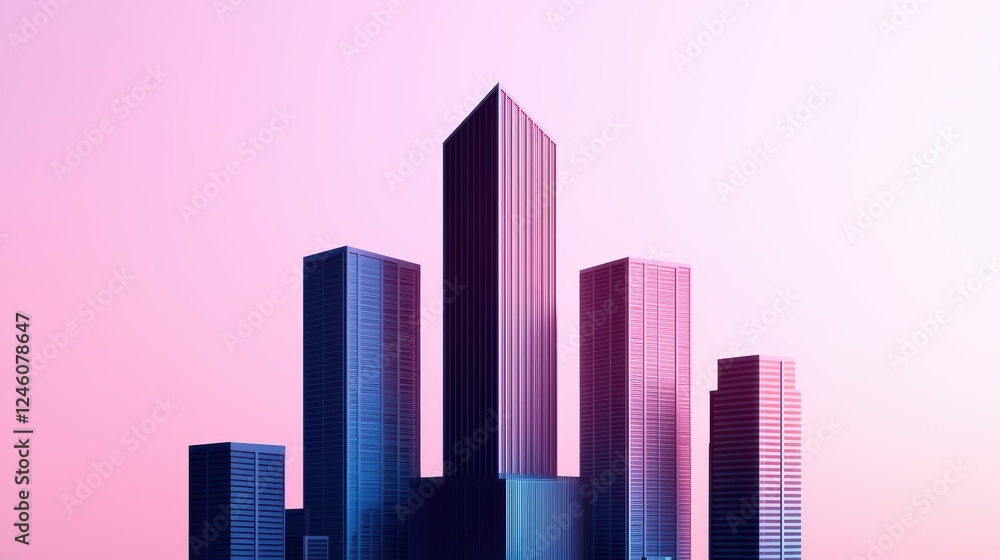 Modern Skyscrapers with Gradient Pink and Purple Sky at Dusk Modern Skyscrapers with Gradient Pink and Purple Sky at Dusk