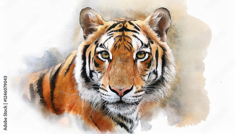 Naklejka premium Expressive Watercolor Tiger Face Head, Capturing the Majestic Grace and Vigilance of a Royal Beast with Rich Brushstrokes and Bold Colors.