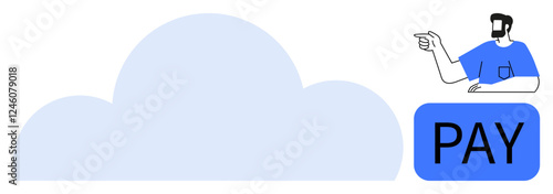 Wallpaper Mural Large blue cloud, man pointing at large blue button labeled PAY. Ideal for cloud computing, payment solutions, online transactions, fintech, digital integration, user interaction, technology Torontodigital.ca