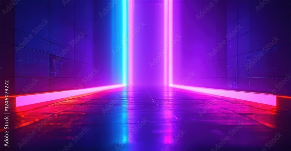 Obraz premium A futuristic hallway with flickering neon lights blending deep violet, aqua, and electric red, creating a striking contrast. The lights leave vibrant streaks, enhanced by a grain effect