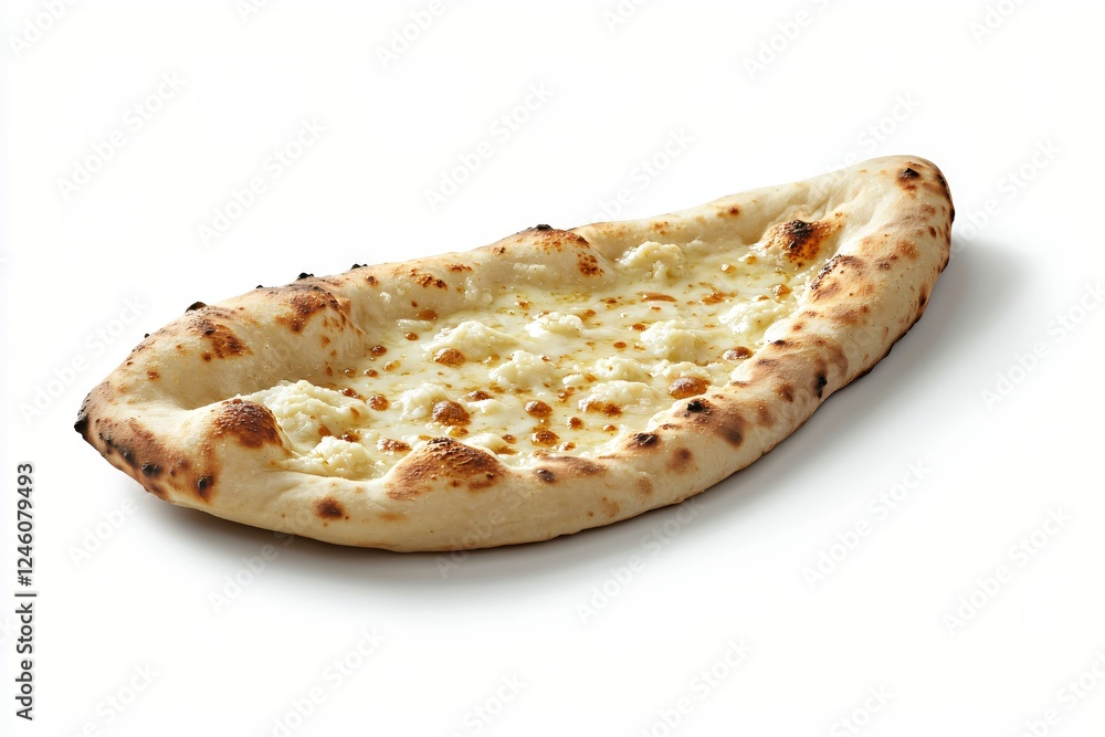 Delicious cheesy flatbread on a white background offering a tempting view of culinary delight Delicious cheesy flatbread on a white background offering a tempting view of culinary delight