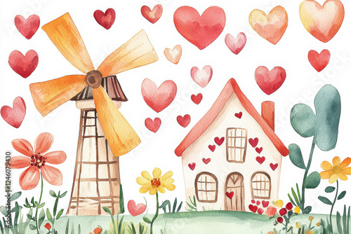 Charming watercolor illustration of a house with hearts and flowers.