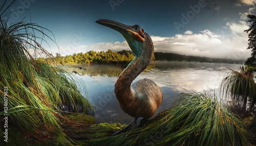 Prehistoric Mystery A Majestic Waterfowl Dinosaur in a Primeval Wetland, Basking Under the Early Morning Sun. photo