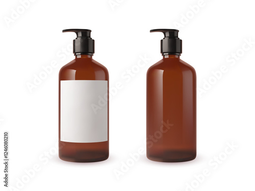 Amber bottle pump mockup with blank label. Packaging template for cosmetics, shampoo, lotion, liquid soap, or skincare products. Minimalistic design of amber shampoo bottle on a white background.