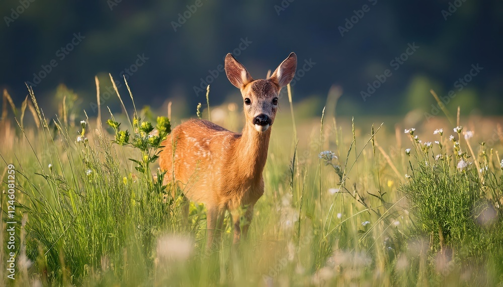 Serene Encounter with a Newborn Western Roe Deer Amongst the Blossoming Meadow in a Tranquil German Landscape Serene Encounter with a Newborn Western Roe Deer Amongst the Blossoming Meadow in a Tranquil German Landscape