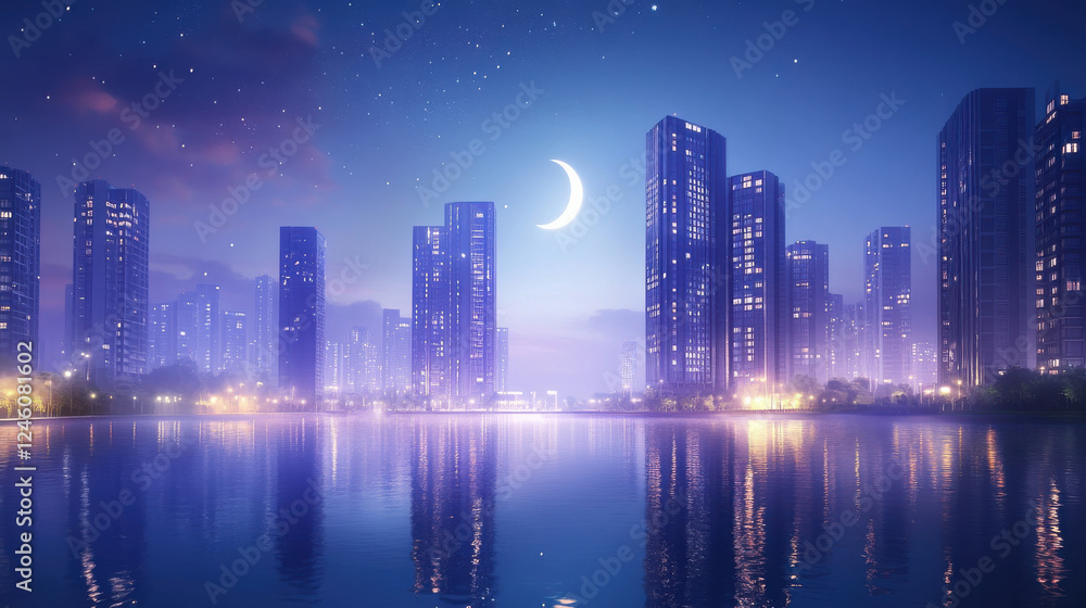 Fototapeta premium A vibrant cityscape at twilight, modern high-rises glowing with warm interior lights, a crescent moon visible above