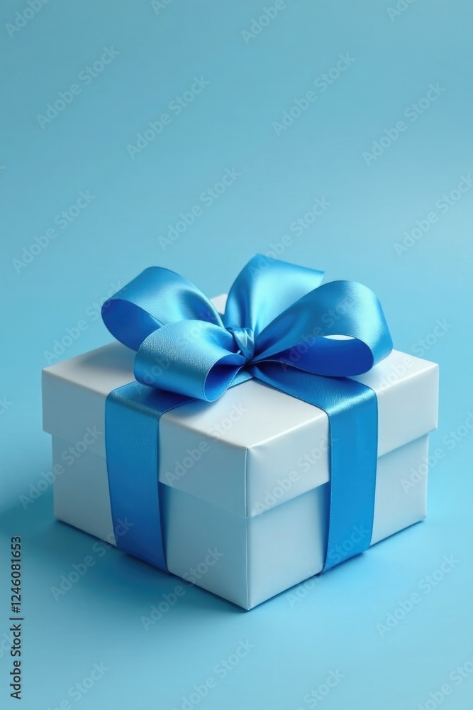 Blue gift bow wrapped around a rectangular box with identical blue ribbon, blue ribbon, package wrap, gift box Blue gift bow wrapped around a rectangular box with identical blue ribbon, blue ribbon, package wrap, gift box