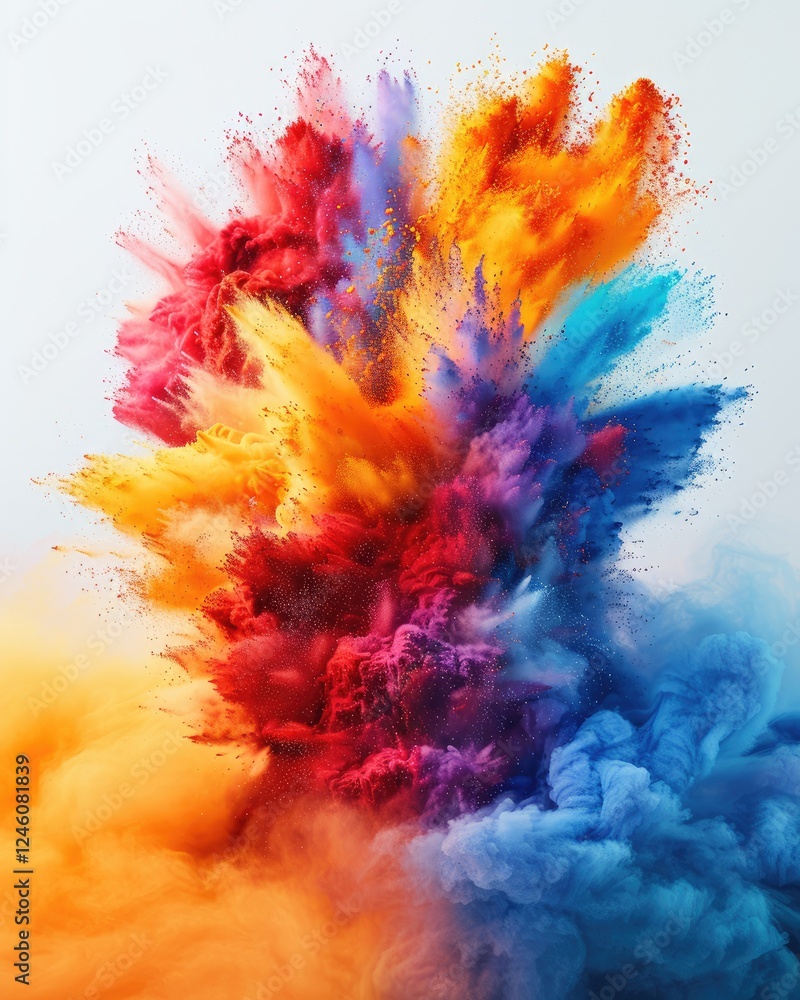 Obraz premium A vibrant display of colorful powders creates a stunning explosion of hues, showcasing a blend of warm and cool tones. Holi bright paint.