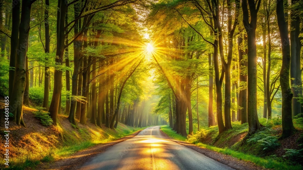 Sun Rays Forest Road: Magical Sunlight Streaming Through Trees on a Country Lane Sun Rays Forest Road: Magical Sunlight Streaming Through Trees on a Country Lane