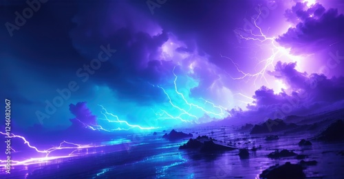 Electric storm with a gradient transitioning from deep violet to glowing cyan. Lightning strikes illuminate the clouds, creating a dramatic contrast with static grain texture photo