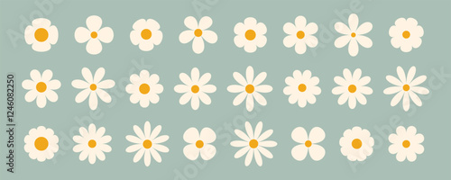 Groovy simple flowers set. Collection of abstract flowers in minimalistic style. Geometric flower set. Abstract minimal daisy elements. Brutalist design. 
