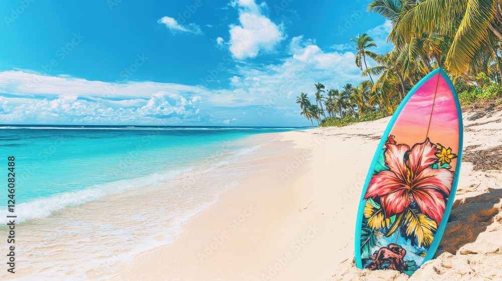 Colorful surfboard rests on sandy beach under bright sky with palm trees and tranquil turquoise water Colorful surfboard rests on sandy beach under bright sky with palm trees and tranquil turquoise water