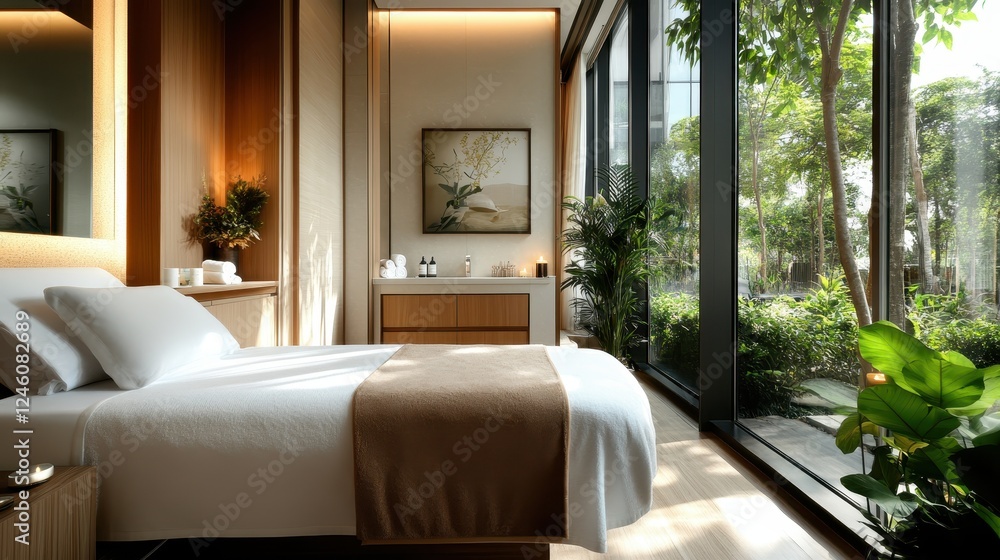 A serene bedroom featuring soft lighting and lush greenery, creating a soothing environment ideal for relaxation and rejuvenation in a modern home setting. A serene bedroom featuring soft lighting and lush greenery, creating a soothing environment ideal for relaxation and rejuvenation in a modern home setting.
