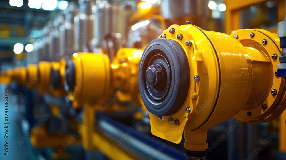 Industrial equipment showcasing yellow hydraulic pumps in a modern factory setting Industrial equipment showcasing yellow hydraulic pumps in a modern factory setting