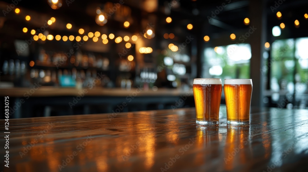 A rustic wooden table displays two refreshing beers, perfectly chilled under soft lighting, evoking a warm, inviting atmosphere ideal for social gatherings and relaxing moments.