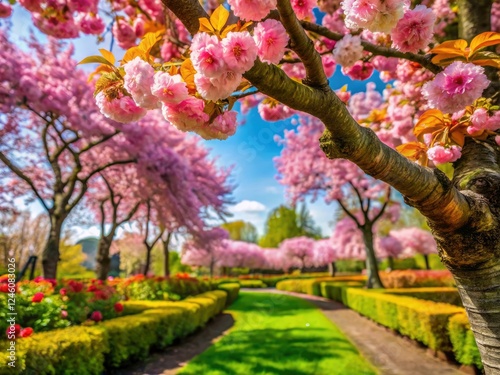 Vibrant Dutch spring blooms explode in a close-up of a flowering tree, a Netherlands garden masterpiece.