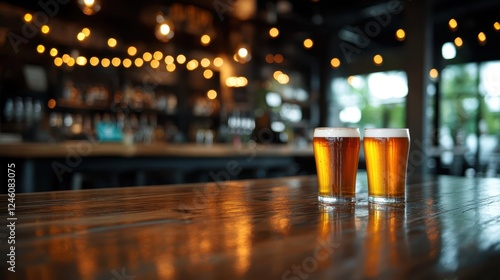 Obraz na płótnie A rustic wooden table displays two refreshing beers, perfectly chilled under soft lighting, evoking a warm, inviting atmosphere ideal for social gatherings and relaxing moments. w salonie