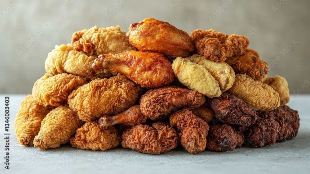 A large pile of various fried chicken pieces, showcasing different textures and colors. A large pile of various fried chicken pieces, showcasing different textures and colors.