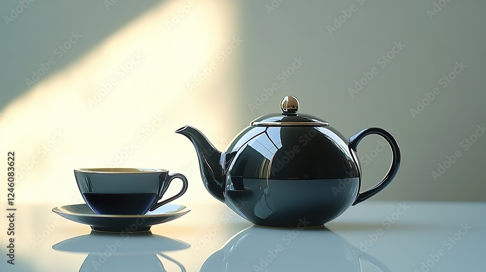 Traditional ceramic teapot and black tea cups on the table Traditional ceramic teapot and black tea cups on the table