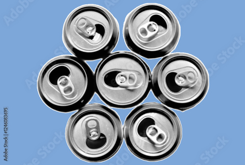 Group of empty drink cans pixelate grayscale color halftone dotted texture style collage element isolated on blue background. Top view.