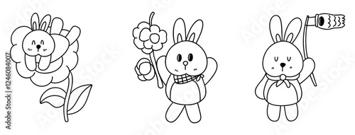 Springtime outline illustration, Cute rabbit characters with flower and cotton candy