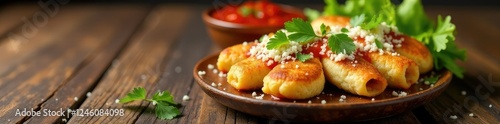 Mexican picaditas with queso fresco and salsa roja on a rustic wooden plate, rustic, wood, cheese photo