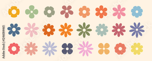 Groovy simple flowers set. Collection of abstract flowers in minimalistic style. Geometric flower set. Abstract minimal daisy elements. Brutalist design. 