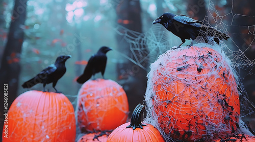 Eerie autumn scene Three crows perched on pumpkins draped in spiderwebs, set against a misty forest backdrop.  Perfect for Halloween, autumnal, or gothic themed projects. photo