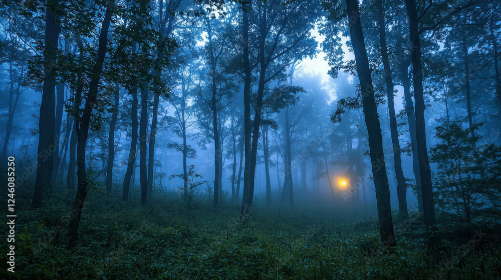 Fototapeta premium Dense Foggy Forest at Twilight with Towering Trees Illuminated by a Soft Glowing Light