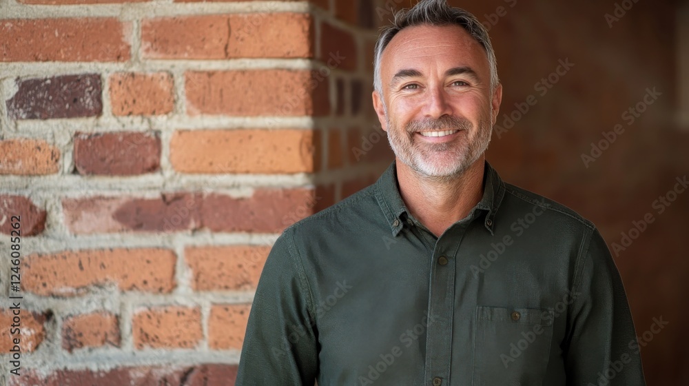 Mature man smiling in casual green shirt against brick wall background indoors Mature man smiling in casual green shirt against brick wall background indoors