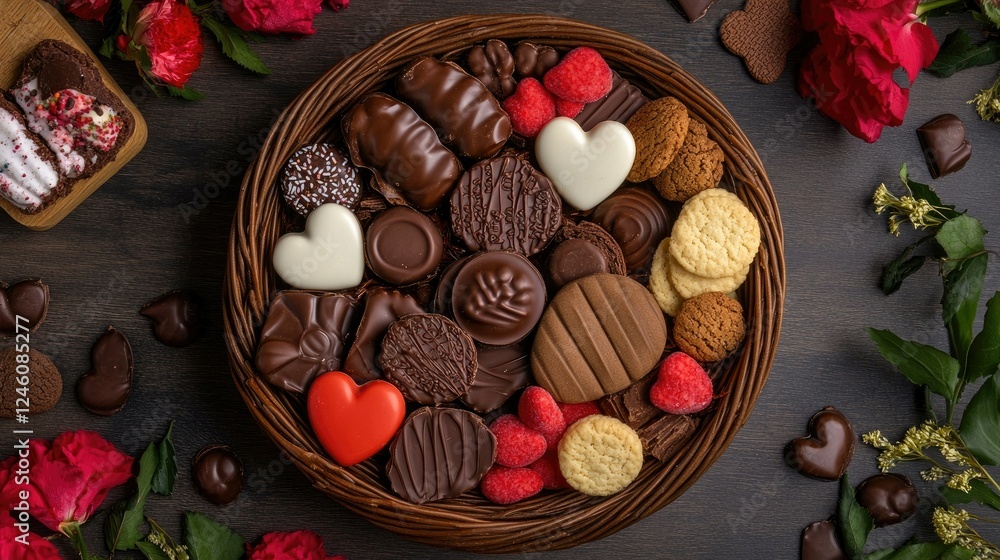 An overhead shot of a Valentine chocolate basket with assorted candies, cookies, and decorative flowers. An overhead shot of a Valentine chocolate basket with assorted candies, cookies, and decorative flowers.
