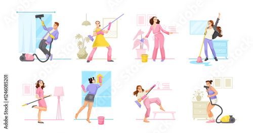 Cheerful people cleaning homes while dancing, using mops, vacuums, and dusters. Bright colors, white background. Cleaning joy concept. Vector illustration.