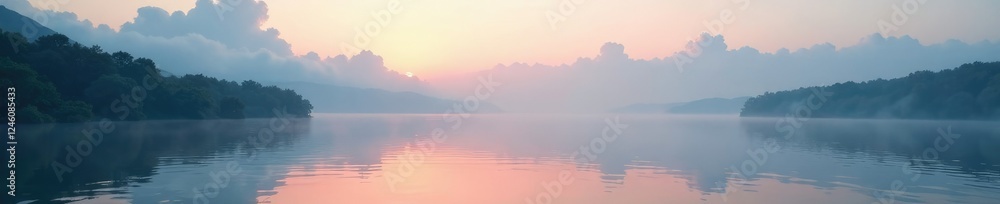 Gentle clouds drifting over a tranquil lake at dawn, soft, water, nature Gentle clouds drifting over a tranquil lake at dawn, soft, water, nature
