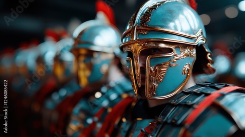 A stunning depiction of an ancient warrior clad in intricately designed armor and helmet, showcasing the craftsmanship of historical military attire and glory. photo